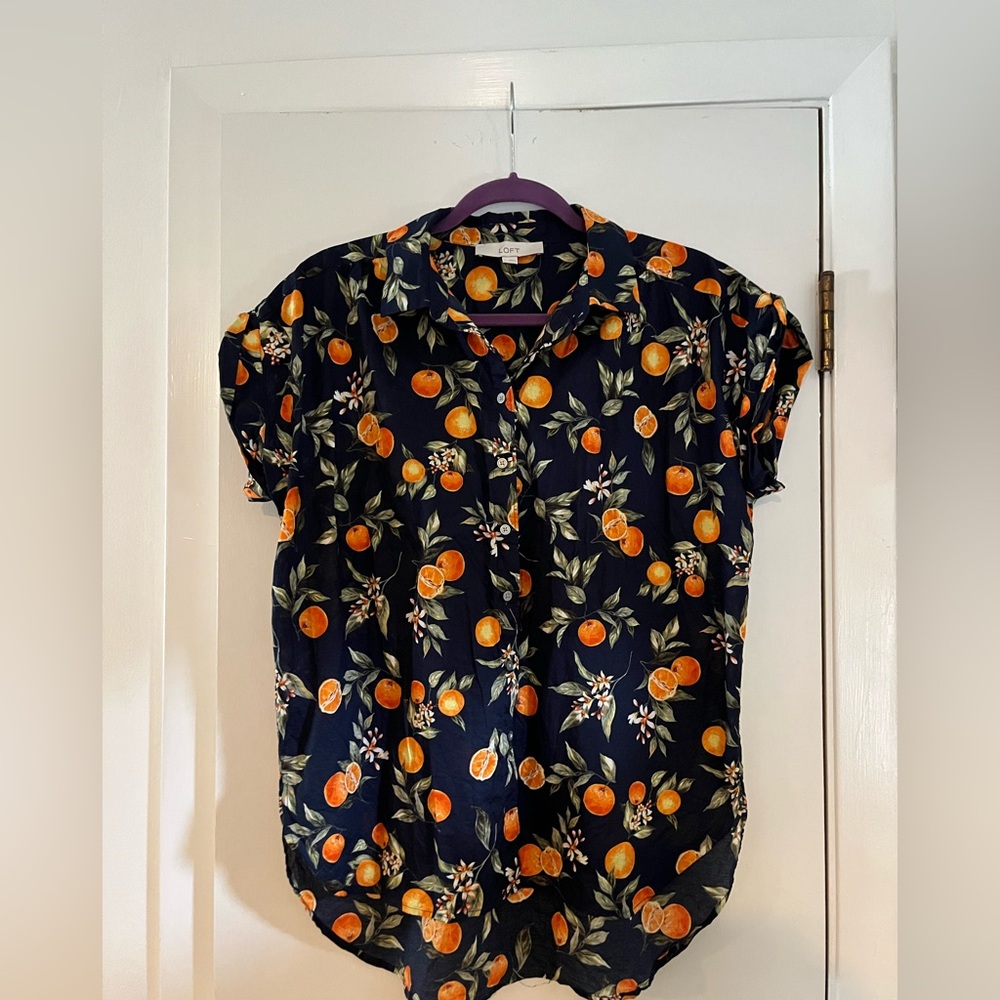 LOFT Navy Shirt with Orange Fruit Print